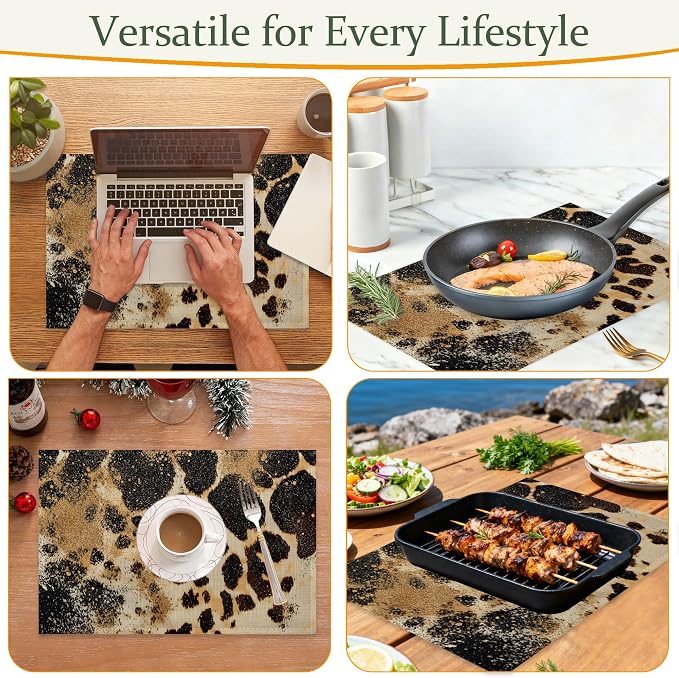 Vintage Leopard Print Fabric Placemats,Gold Glitter Table Placemats Set of 6 Cloth Place Mats, Washable Heat-Resistant Table Mats for Home Kitchen Dining Room Decoration 11.8x17.7 Inch