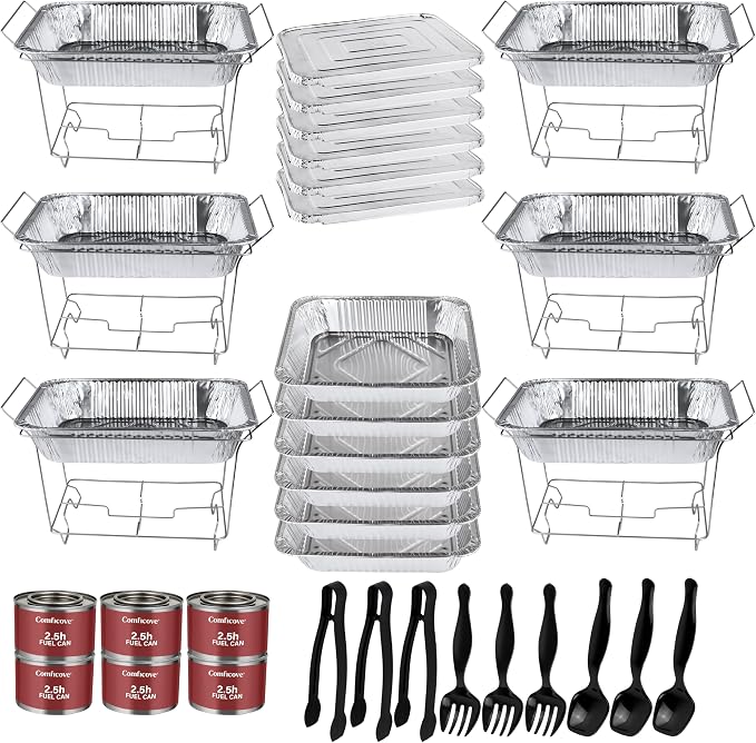 Disposable Chafing Dish Buffet Set, 39 Piece of Chafing Servers with Food Warmers, Covers, Half-Size Food Pans, Water Trays, Serving Utensils, Foil Lids and 2.5H Fuel Cans for Parties, Catering