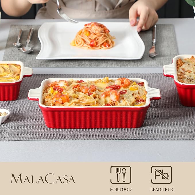 MALACASA Ceramic Casserole Baking Dishes Set of 4, Red with Handles | Rectangular Lasagna Pan Bakeware for Roasting Vegetable, Cake, Housewarming Gift, Oven Dishwasher Safe 9.4/11.1/12.2/14.7"