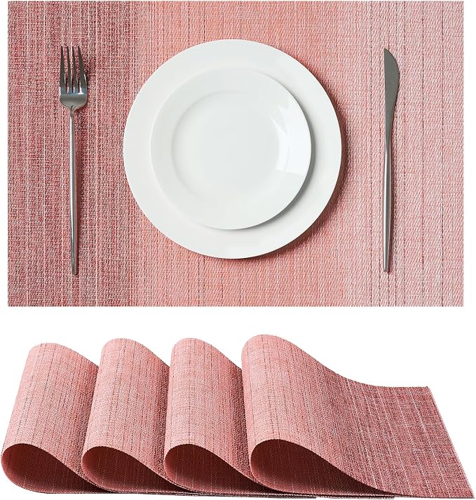 Leetaltree Gradient Pink Woven Placemats Set of 4 - Heat Resistant Non-Slip Place mats for Dining Table, Washable Durable PVC Vinyl Woven Table Mats(Gradient Pink, 4)