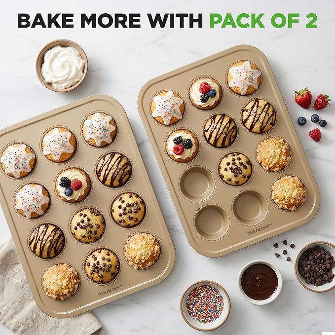 NutriChef Muffin Pans for Baking 2-Pack | Nonstick 12 Mold Cupcake Tins | Carbon Steel Stackable Cup Cake Trays | Dishwasher & Oven Safe | Includes 100 Parchment Paper Liners | 13 x 10 x 1 | Gold