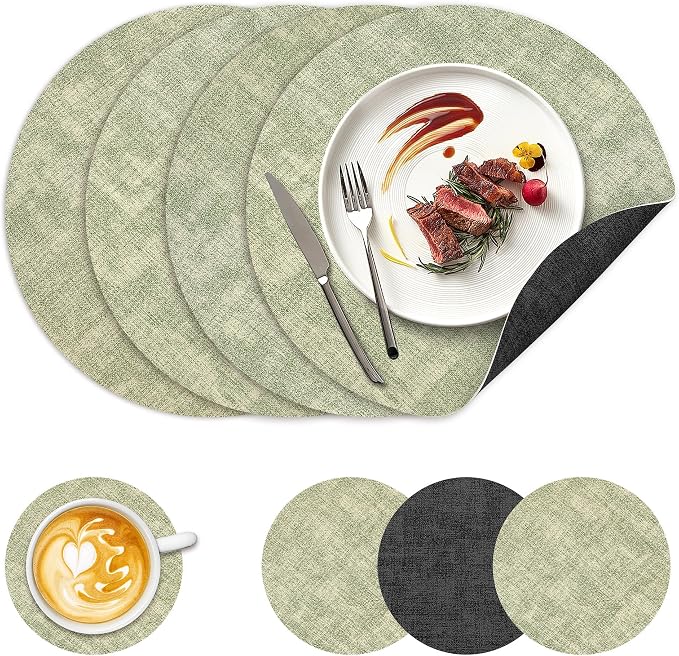 NCUE 13" Faux Leather Round Placemats Set of 4, Reversible Dual-Color | With 3.9" Coasters, 2 mm Vinyl Table Mats, Waterproof Wipeable Heat Resistant, Non-Slip Texture, for Dinner Party Home Decor