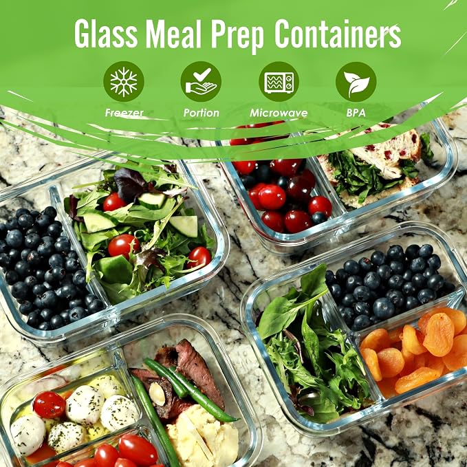 Glass Meal Prep Containers 2 and 3 Compartments, Leak-Proof, 32 oz, 4 Pack | Bento Box Lunch Containers Set, Food Storage Portion Control Snack Boxes, Airtight Lids, Dishwasher Oven Freezer Safe, Black
