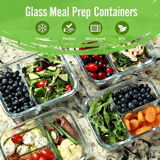 Glass Meal Prep Containers 2 & 3 Compartment, Leak-Proof Lids 32 oz 4 Pack | Glass Bento Boxes Food Lunch Containers with Lids for Adults, Airtight Snap-Lock, BPA-Free, Microwave Oven Freezer Safe, Gray
