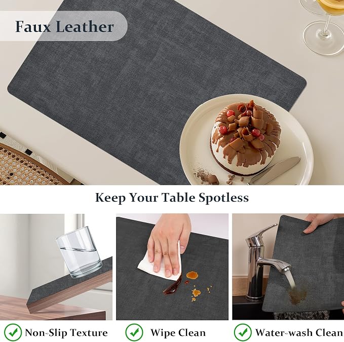 FROMHEART Faux Leather PU Placemats Set of 4 (Dark Grey,11.8" x 17") | Waterproof,Heat/Oil Stain-Resistant Table Mat–Reversible,Non-Slip,Easy to Clean Place Mats for Kitchen,Dining,Indoor/Outdoor