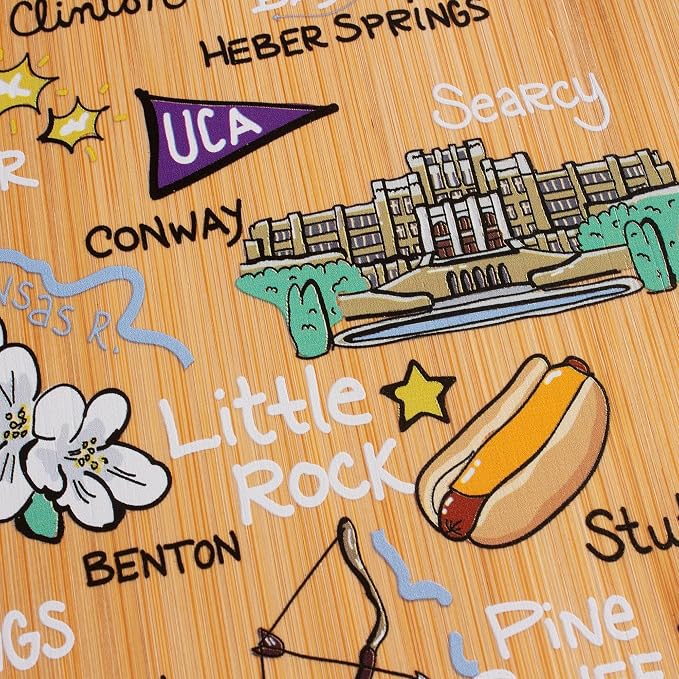 Totally Bamboo Arkansas State Shaped Cutting Board, Art by Fish Kiss | State charcuterie board with colorful hand-drawn map artwork. Smooth reverse side for food prep. Hang tie for wall display.