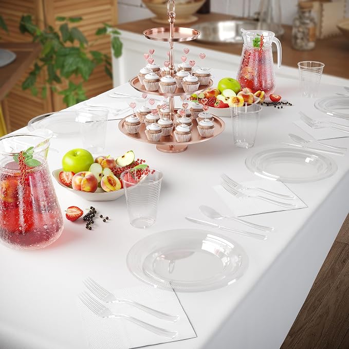 350 Pcs Clear Plastic Plates For Party, Clear Disposable Plates Set, 50 Of Each 9" Dinner Plate Set, 7" Dessert Plate, Cups, Napkins & Cutlery Plastic Dinnerware Set Exquisite