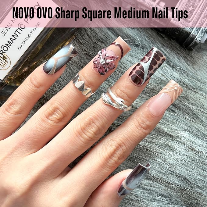 NOVO OVO Sharp Square Medium Nail Tips Press on, Natural (Not Sculpted) No C Curve Soft Gel Double Matte Clear Fake Nail Extension,Full Cover False Nails for Salon DIY Manicure x 15 Sizes 180 pcs