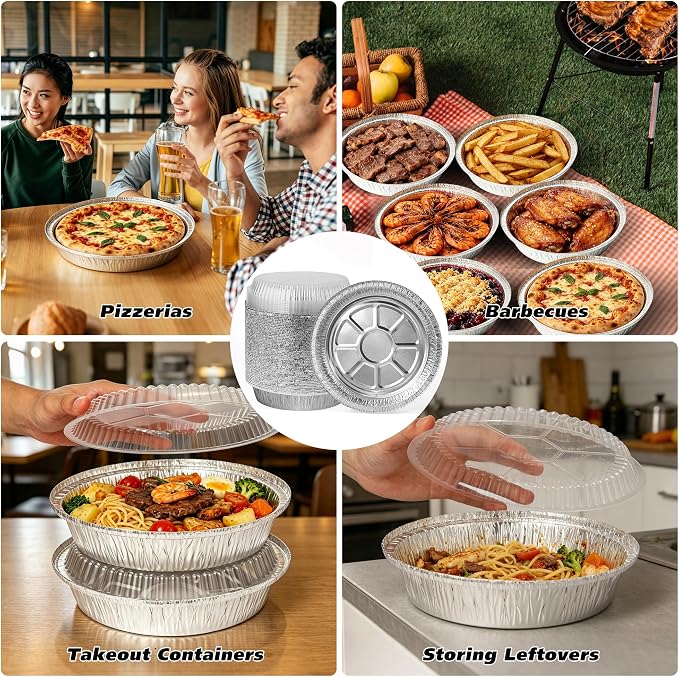 8" Round Aluminum Foil Pans with Clear Lids – 20 Pack Pie Tins Disposable to go Containers with lid for Baking, Storing Leftovers, and Meal Prep, Freezer & Oven Safe Baking Pan