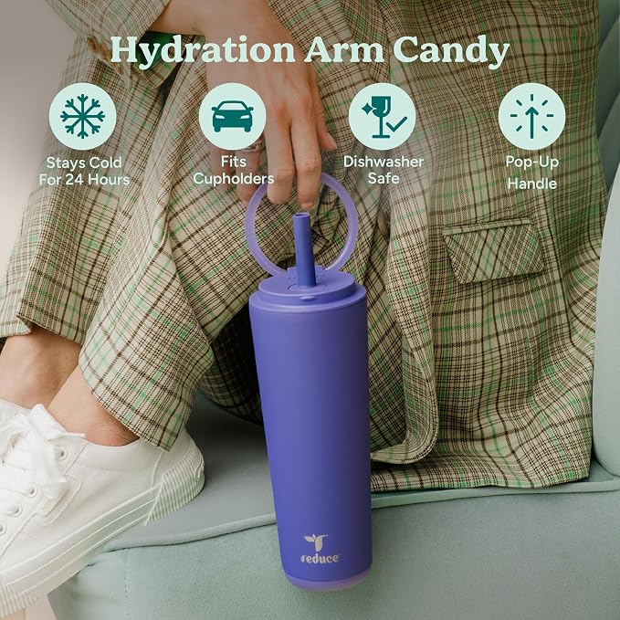 REDUCE Halo 24 oz Stainless Steel Vacuum Insulated Tumbler - Spill Proof Travel Mug with Flip Handle Lid - Keeps Drinks Cold for 32 Hrs - Dishwasher Safe - Cupholder Friendly - Lilac Bud