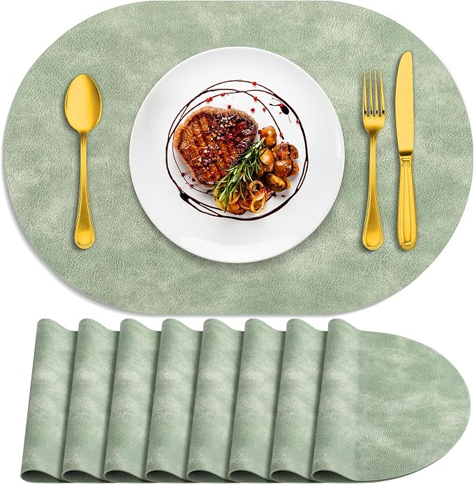 ADRIMER Placemats, Heat Resistant Oval Placemats Set of 8 Washable 12 x 17 Inch, Waterproof Table Mats, Wipeable Pu Place Mats for Kitchen, Dining Room, Green