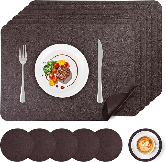 Faux Leather Placemats Set of 6 Waterproof Table Mats with Coaster | 17×12 In Heat Resistant Place Mats Set of 6 Wipebale & Washable Table Placemats for Kitchen Dining Indoor & Outdoor Brown