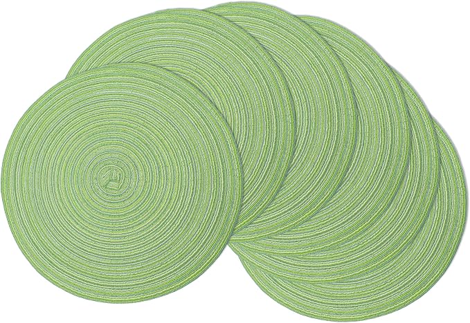 MIAOMIAO Round Placemats Set of 6 Woven Braided Place Mats (Green) | 14.5 Inch Cotton Polyester Braided Dining Table Decor Mats Protecting Your Table from Spills & Stains Heat Resistant