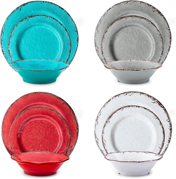LEHAHA BPA Free Rustic Melamine Plate and Bowl Dinnerware Set Perfect for Indoor Outdoor Dining Party, Camping, 12 Piece Unbreakable Dinnerware Set, Service for 4