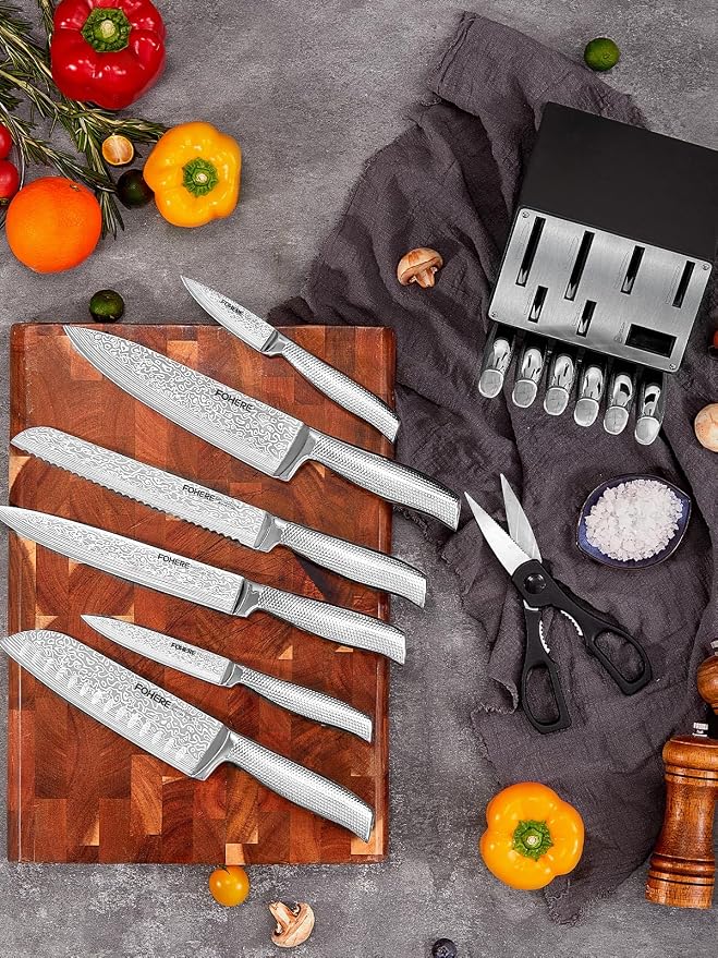 Knife Set, FOHERE 14 Pieces Kitchen Knife Set with Built-in 5 x Sharpeners, Waved Texture Knife Set with Block, Stainless Steel Knife Block Set, Sharp Knives Set with Ergonomic Handle
