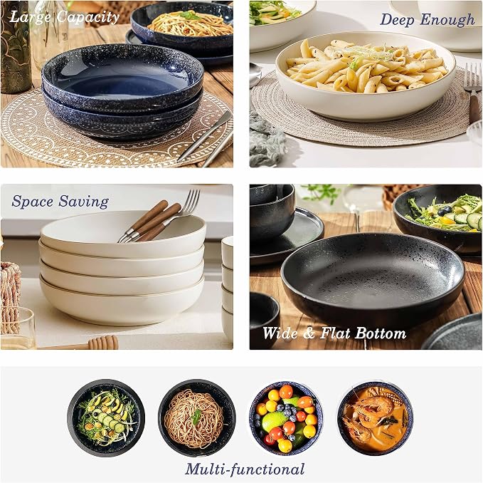 S&Q'S CERAMICS Large Serving Bowls Set of 4, 65 ounce Large Salad Bowls, 10'' Ceramic Wide Shallow Bowl Plates, Pasta Serving Dishes for Party, Entertaining, Microwave Safe(Navy Blue)