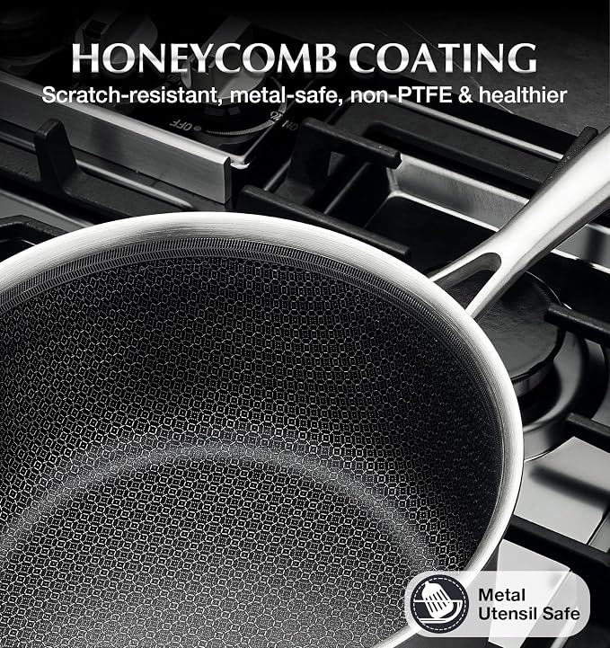 KOCH SYSTEME CS Hybrid Nonstick Stainless Steel Saucepan, 2 Quart Tri-Ply Stainless Steel Sauce Pan with Nonstick Honeycomb Interior, Hybrid Sauce Pan with Lid, Small Steel Pot, Induction Compatible