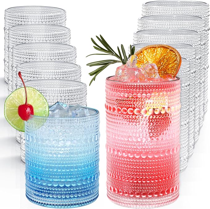 Hobnail Drinking Glasses Set of 12 Kitchen Glass Cups Glassware, Clear | 12 oz Highball Glasses, 10 oz Cocktail Glasses, Vintage Embossed Bar Tumbler Glassware Set for Beer Juice Whiskey Milk