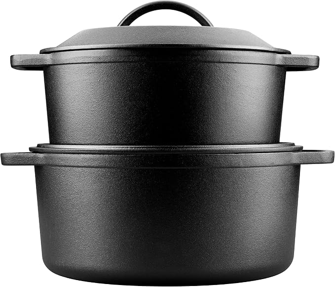 Pre-Seasoned Cast Iron Dutch Oven with Lid, Round and Dual Handles, for Stovetop, Camping, Grill, Induction, Electric, Black, 6qt