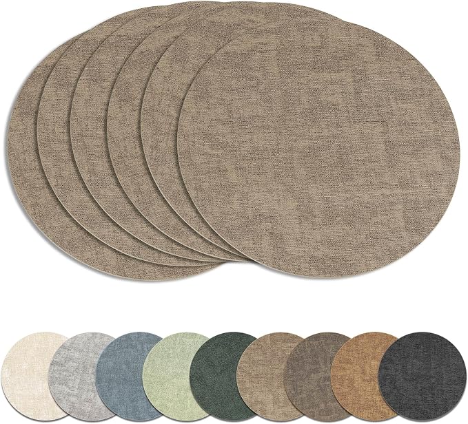 13" Round Placemats Set of 6, Reversible Faux Leather Wipeable Table Mats | 2mm Vinyl Heat Resistant Waterproof Oilproof Scratch Proof Non-Slip Washable for Kitchen Dining Indoor Outdoor (Light Coffee)