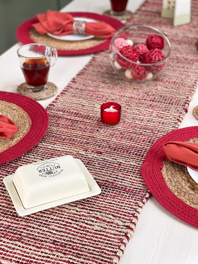 Natural Jute Table Runner 13x108 Inch – Vintage Boho Rustic Table Decor – Handwoven Long Table Runner in Natural Jute and Red – Farmhouse Dining or Console Table Accent