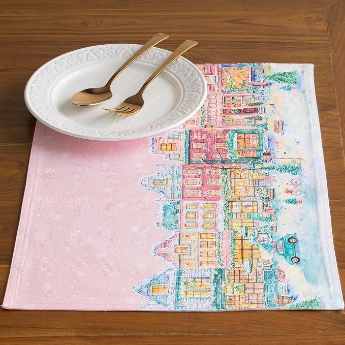 Maison d' Hermine Placemats Set of 4 Reusable 100% Cotton (13"x19") | Cloth Place Mats Washable Table Mats for Kitchen Dining Party Wedding Home Thanksgiving Christmas - Christmas Market - Pink