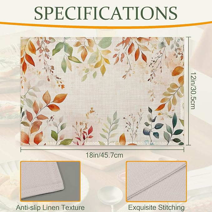 Fall Leaves Fabric Placemats,Autumn Watercolor Leaf Table Placemats Set of 6 Cloth Place Mats, Washable Heat-Resistant Table Mats for Home Kitchen Dining Room Decoration 11.8x17.7 Inch