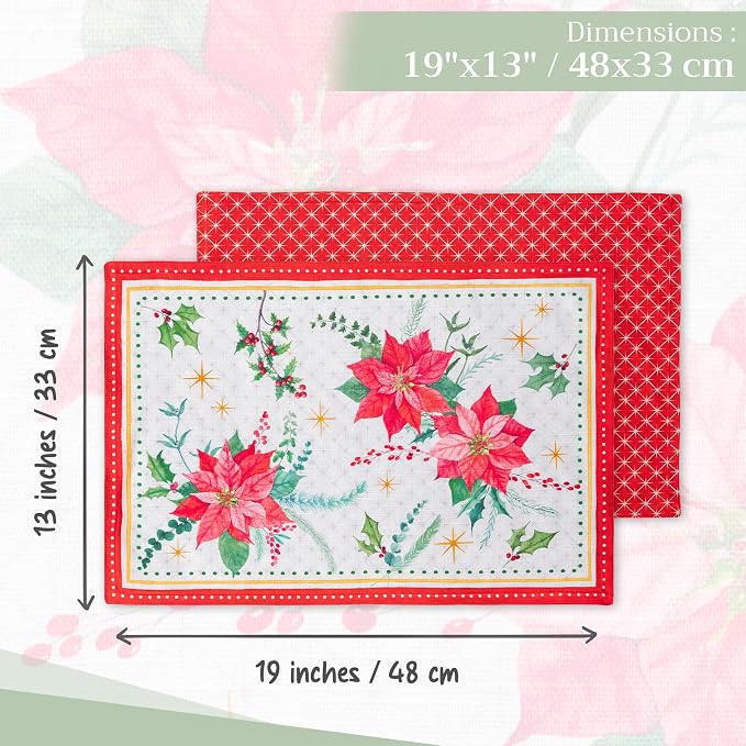 Maison d' Hermine Placemats Set of 4 Reusable 100% Cotton (13"x19") | Cloth Place Mats Washable Table Mats for Kitchen Dining Party Wedding Home Thanksgiving Christmas - Poinsettia Christmas
