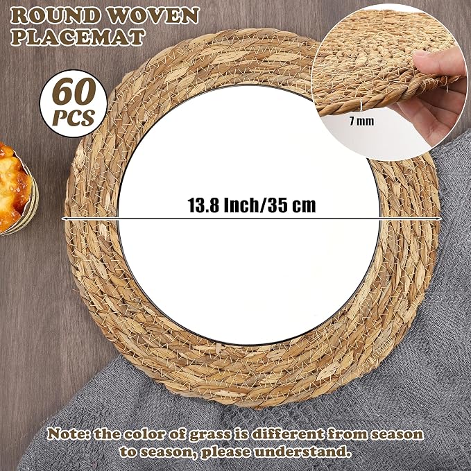Kochorie Set of 60 Round Woven Placemats 13.8 Inches Bulrush Placemats Natural Hand-Woven Boho Rattan Placemat Wicker Table Mats Farmhouse Weave Place Mats for Home Dining