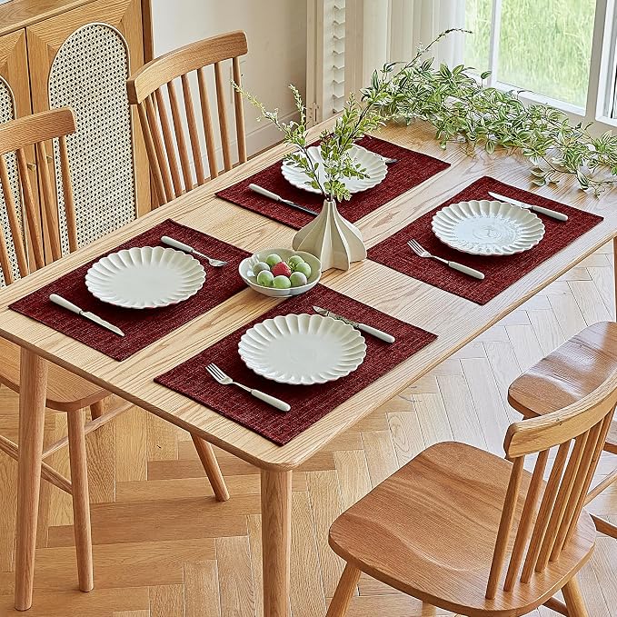 Softalker Faux Linen Placemats Set of 8-12 x 18 Inch, Heat Resistant Double Layered Durable Burlap Farmhouse Place Mats, Non-Slip Washable Rustic Table Mats for Dining, Kitchen, Party（Red