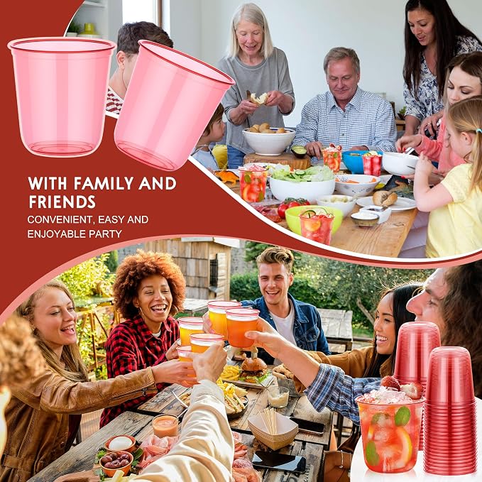 KesaPlan 100Pcs 12oz Red Plastic Party Cups, Disposable Wine Cocktail Cups | Cute Clear Stemless Glass, Round Bottom PET Cold Drink Cups for Christmas Valentine's Mother's Day Birthday Wedding Party