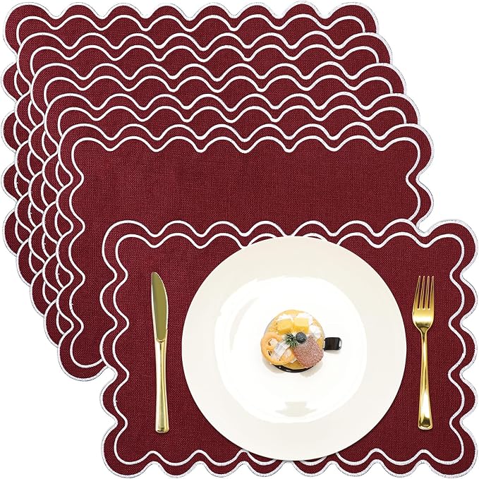 HunnmingRe Burgundy with White Set of 6 Cotton Linen Wedding Placemats, 13x19 Inch Scalloped Wavy Embroidery Placemat Double Layered Washable Rustic Rectangle Dinner Table Mat for Home Decor