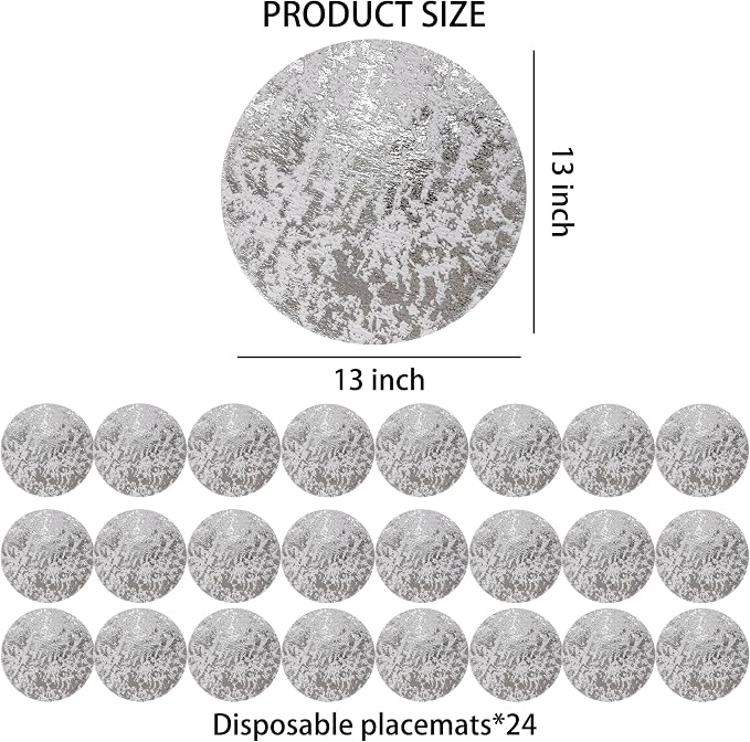 Snowkingdom Silver Disposable Placemats Set of 24 Foil Mesh 13 Inch Round Pressed Table Mates 24 Pack Silver Doilies for Dining Table Wedding Birthday Party Holiday Home Decoration