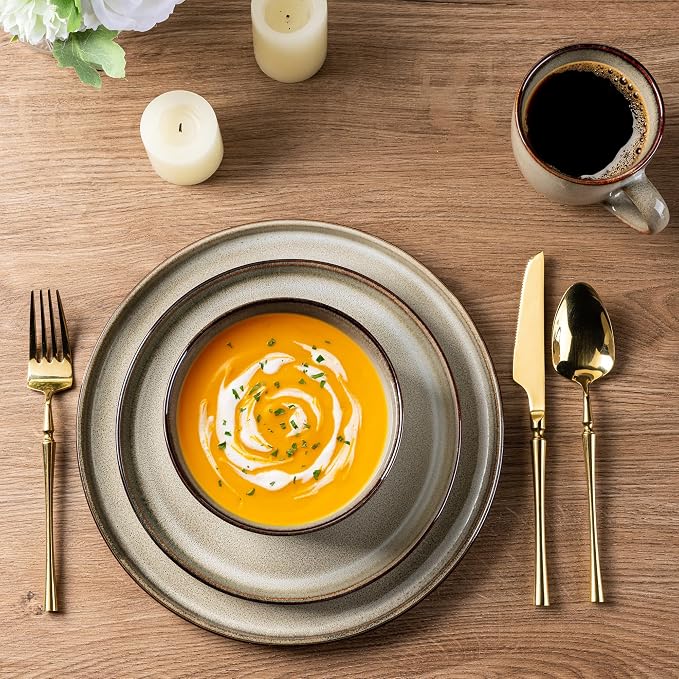 GBHOME Dinnerware Sets for 8, 24 Pieces Ceramic Plates and Bowls Set | Scratch Resistant Stoneware Dishes Set, Dishwasher & Microwave Safe, Reactive Glaze-Oatmeal