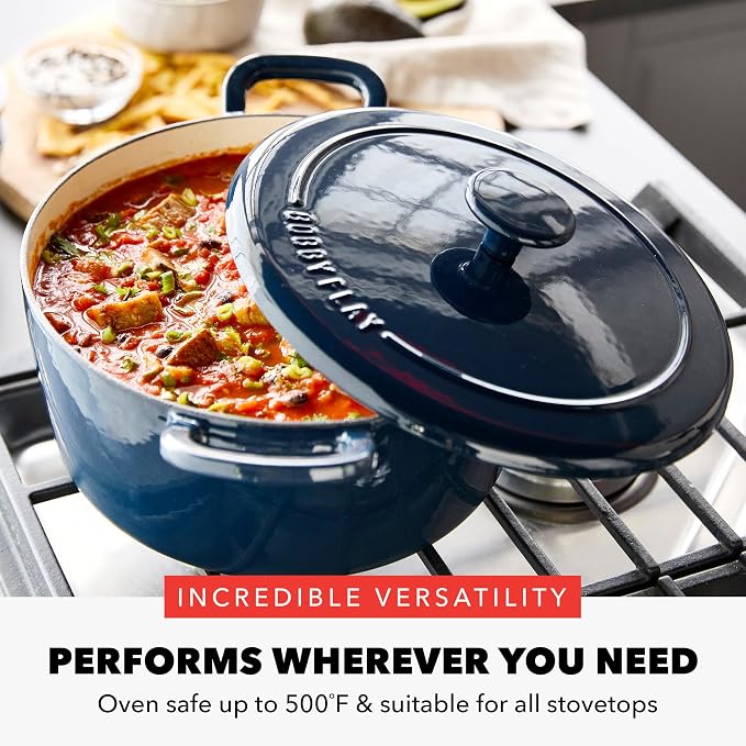 GreenPan x Bobby Flay 5.5QT Enameled Cast Iron Dutch Oven With Lid, Navy | Casserole Pot for Braising, Stews, Bread Baking & Searing, Self-Basting Lid, Induction Ready, Oven Safe To 500