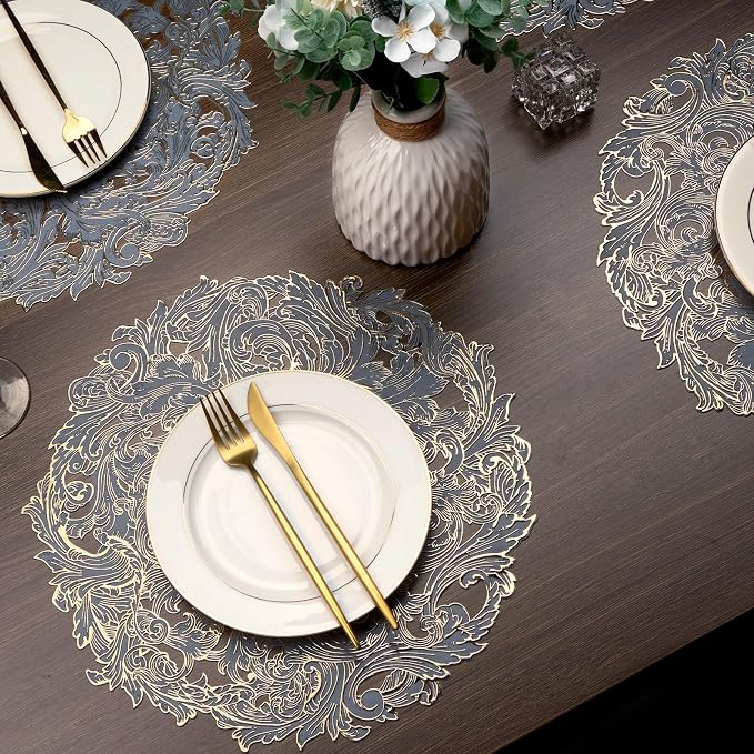 Evevda 15 inch Gold and Blue Placemats Set of 6 Round Reusable Place Mat | Vinyl Plastic Kitchen Table Mats for Home Wedding Party Dining Table Decoration