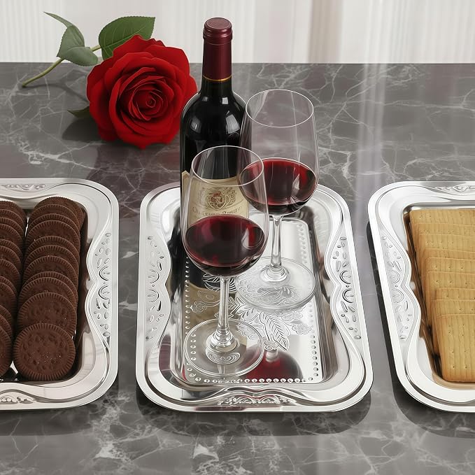 Silver Serving Tray Set of 6, 14 x 9 Inch Silver Platters for Serving Food Party, Bow Floral Engraved Mirror Trays for Charcuterie Cookies Desserts Snacks Fruit, Weddings Birthdays Festive Occasions