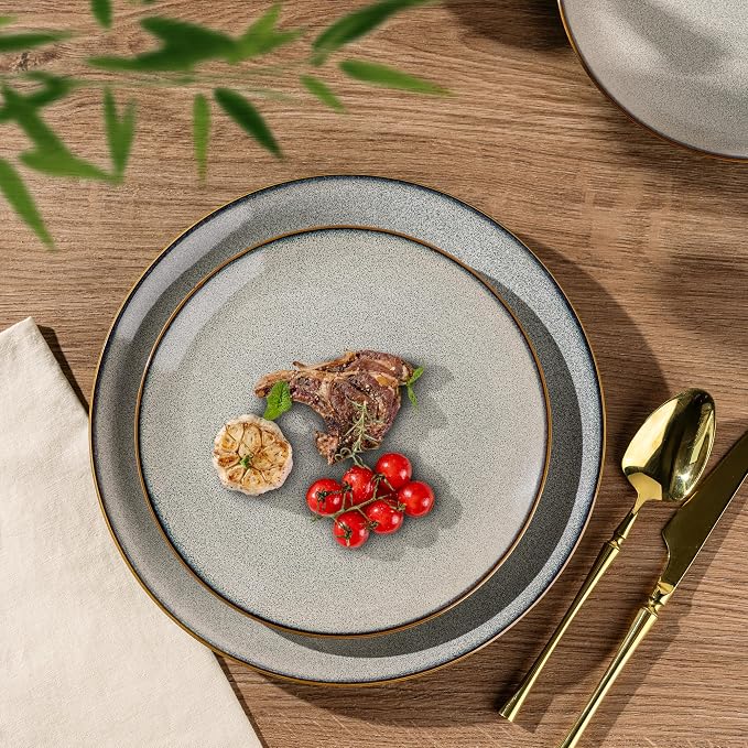 GBHOME Dinnerware Sets for 4, 12 Pieces Ceramic Plates and Bowls Set | Scratch Resistant Stoneware Dishes Set, Dishwasher & Microwave Safe, Reactive Glaze-Green Wheat
