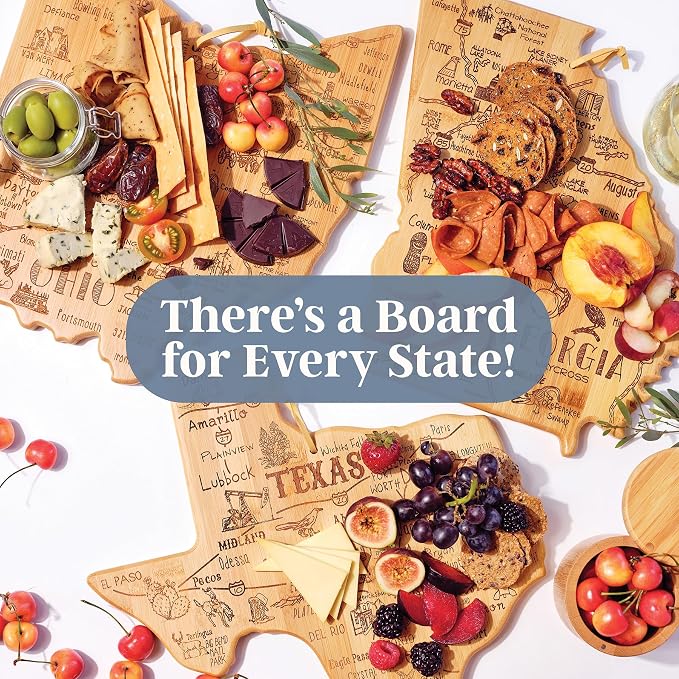 Totally Bamboo Destination Florida State Shaped Cutting Board | State charcuterie serving board with engraved map artwork. Smooth reverse side for food prep. Hang tie for wall display.