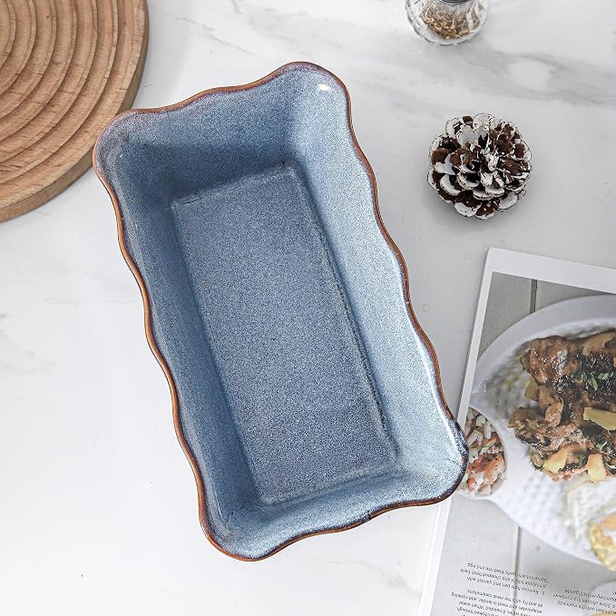 HVH Ceramic Loaf Pan for Baking Bread, Rectangular Baking Bread Loaf Pan, 9 x 5 inch Bread Pan, Bread Baking Pan for Cooking, Wave Series, Farmhouse Style (Wabi sabi)