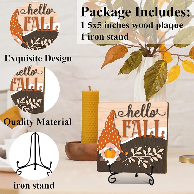 Hello Fall Home Decor Indoor, Autumn Gnome Thanksgiving Table Decor | 5"x5" Wood Plaque Gifts with Stand for Farmhouse Living Room Bathroom Kitchen Decoration - A03