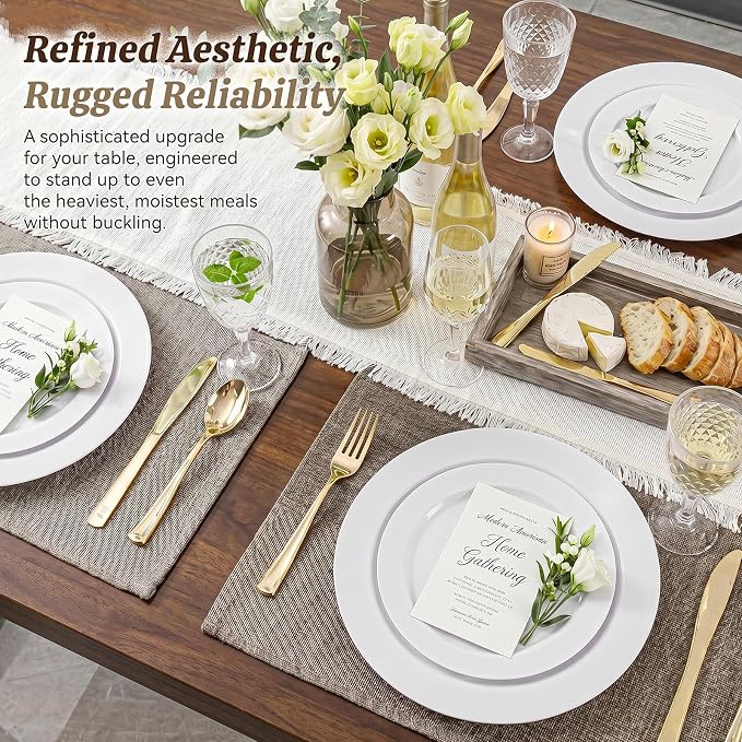 KIRE 120PCS White Plastic Plates - Heavy Duty White Disposable Plates for Party/Wedding - Include 60Pieces 10.25inch Dinner Plates - 60Pieces 7.5inch Dessert/Salad Plates