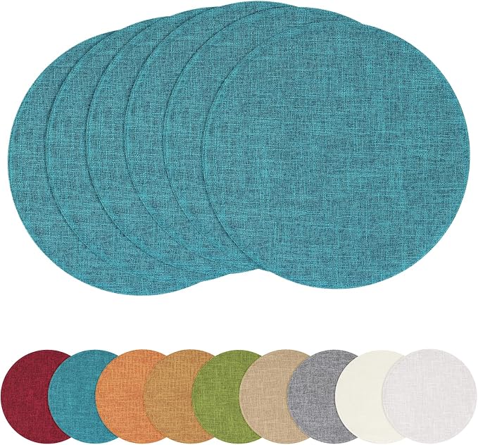 Cotton Linen 15 Inch Round Cloth Place mats, Set of 6, Teal | Washable Table Mats, Heat Resistant, Reversible, Wipeable Place Mats for Indoor Outdoor