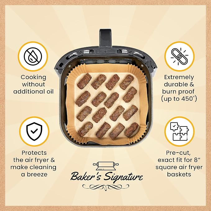 500Pcs Air Fryer Liners Disposable | Non-Stick and Oil Proof for Easy Cleanup Airfryer Liners, 8” Square for 5-8 qt Basket by Baker's Signature