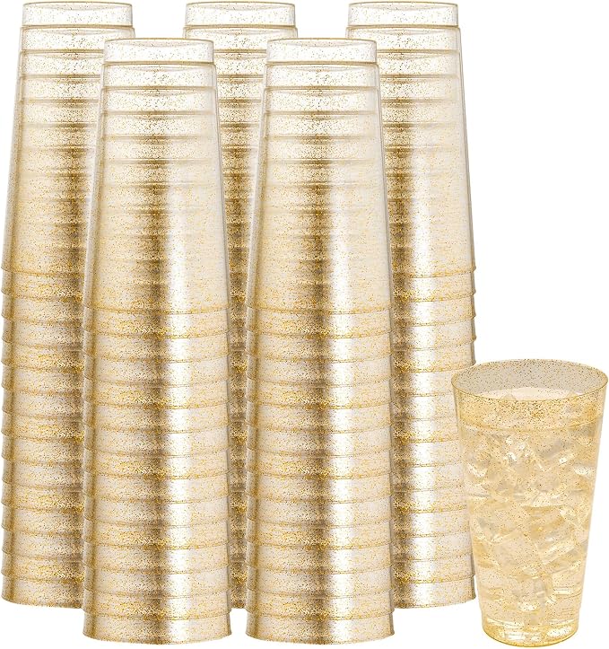 I00000 16 oz Gold Plastic Cups, 100 Pack Gold Glitter Plastic Cups Tumblers Disposable Party Cups Wedding Cups, Heavy-duty Plastic Disposable Cups Ideal for Wedding & Party
