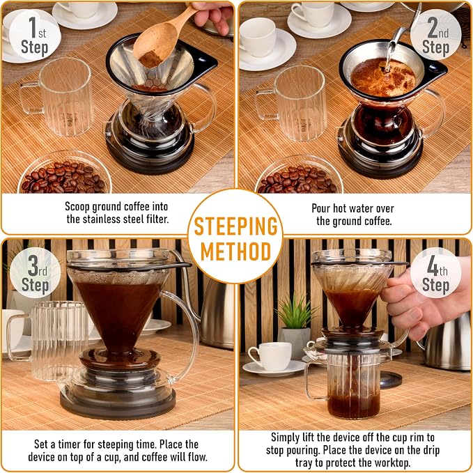 Innovation Infuser for Daily Brewing – Borosilicate Glass Dripper with Stainless Steel Reusable Filter, Manual Eco Brewer, Plastic-Free Non-Toxic Coffee Station, Pour Over Tea Coffee Maker