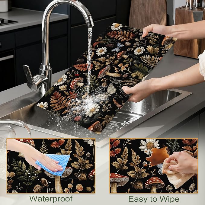 Cloth Placemats,Forest Mushroom Fabric Placemats Set of 6,Washable Rustic Herb Leaf Wildflower Table Mats,Decorative Place Mats for Dining Home Kitchen Holiday Party 11.8x17.7 Inch
