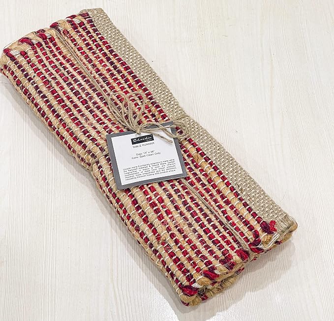Natural Jute Table Runner 13x36 Inch – Vintage Boho Rustic Table Decor – Handwoven Table Runner in Natural Jute and Red – Farmhouse Dining or Console Table Accent