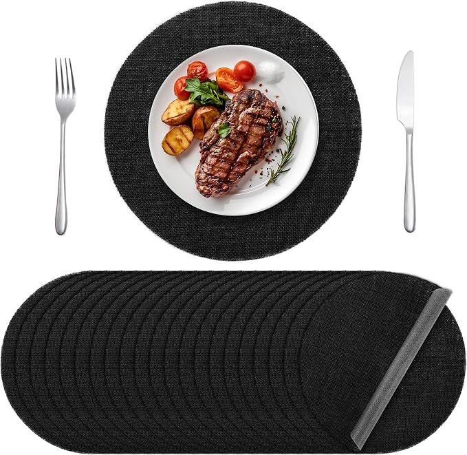 Aneco 50 Pieces Round Burlap Placemats 11.8 Inch Reusable Black Table Mats Heat Resistant Natural Jute Fibers Placemats Burlap Circle Rustic Table Decorations for Dinner Holiday Farmhouse Decor