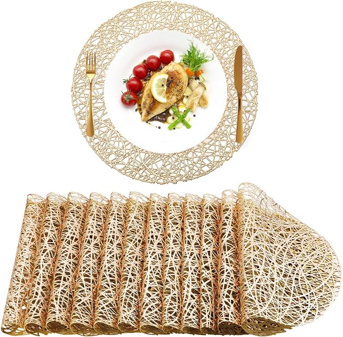 Sieral 12 Packs Round Placemats 15 Inch Hollow Out Pressed Vinyl,Gold | Heat Resistant Woven Texture, Easy Clean for Christmas Dinner Party, Wedding Holiday Centerpiece Dining Table Decor